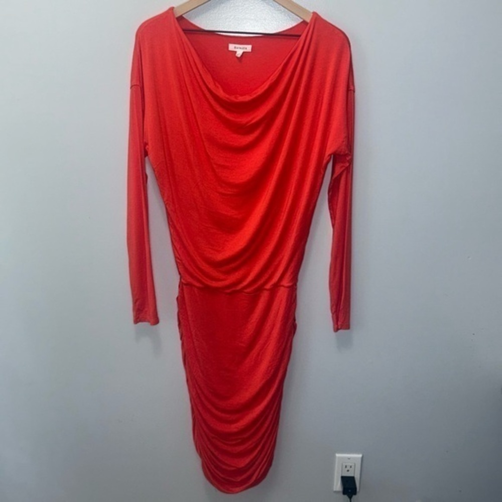 Athleta Orange Solstice Cowl Waterfall Neck Ruched‎ Dress- Small